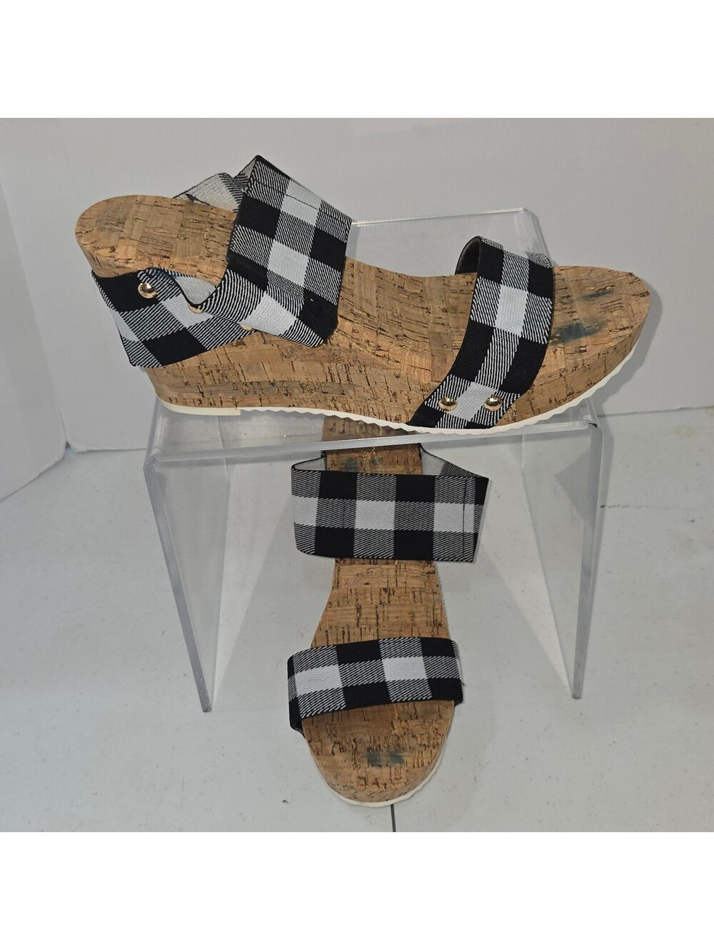 Comfort Est. 1946 Women's Black White Gingham Check Cork Wedge Sandals Size 9M